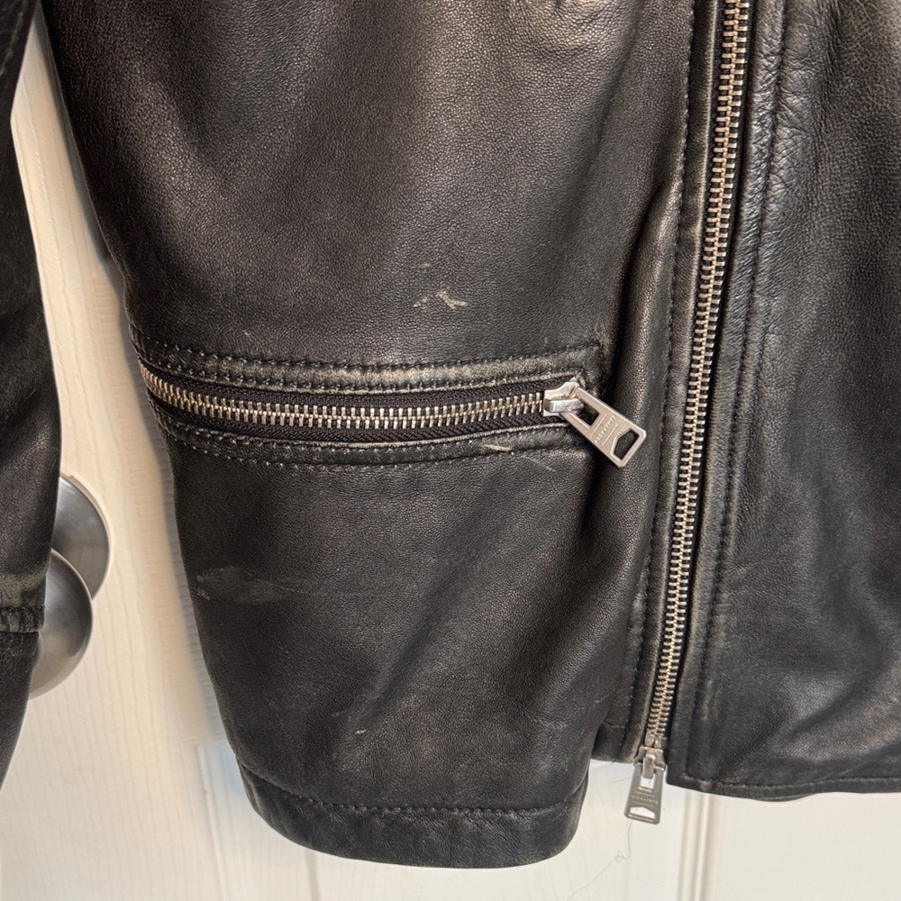 All Saints Mens Black Leather Biker Jacket with Quilted Shoulders - Picture 5 of 15